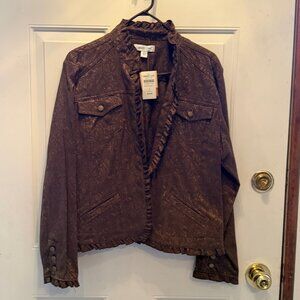 NWT Coldwater Creek Brown Ruffle Trim Jacquard Jacket - L